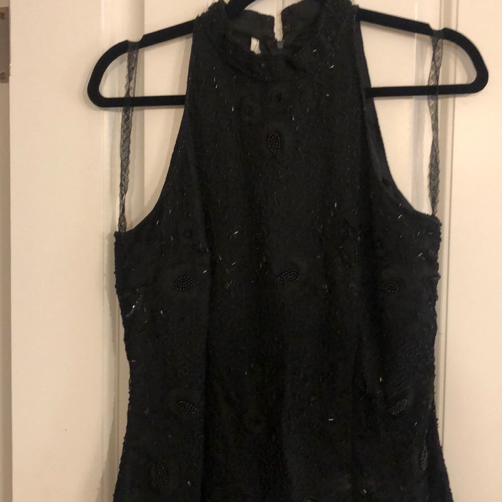 Black Beaded High-Neck Sleeveless Top Back Zip Approx Sz M EUC